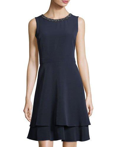 Embellished-neck Fit-and-flare Dress