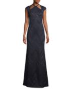 Halter-neck Cap-sleeve Mod Zigzag Metallic Knit Evening Gown W/
