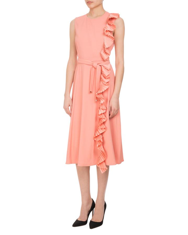 Lavinia Pleated-trim Midi Dress With Belt, Pink