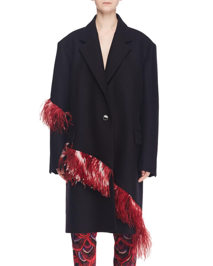 One-button Wool Coat With Ostrich Feather Trim