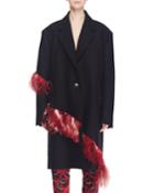 One-button Wool Coat With Ostrich Feather Trim
