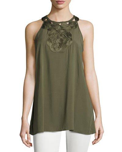 Embroidered-neck Sleeveless Top, Army