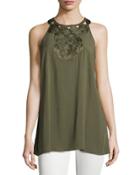Embroidered-neck Sleeveless Top, Army