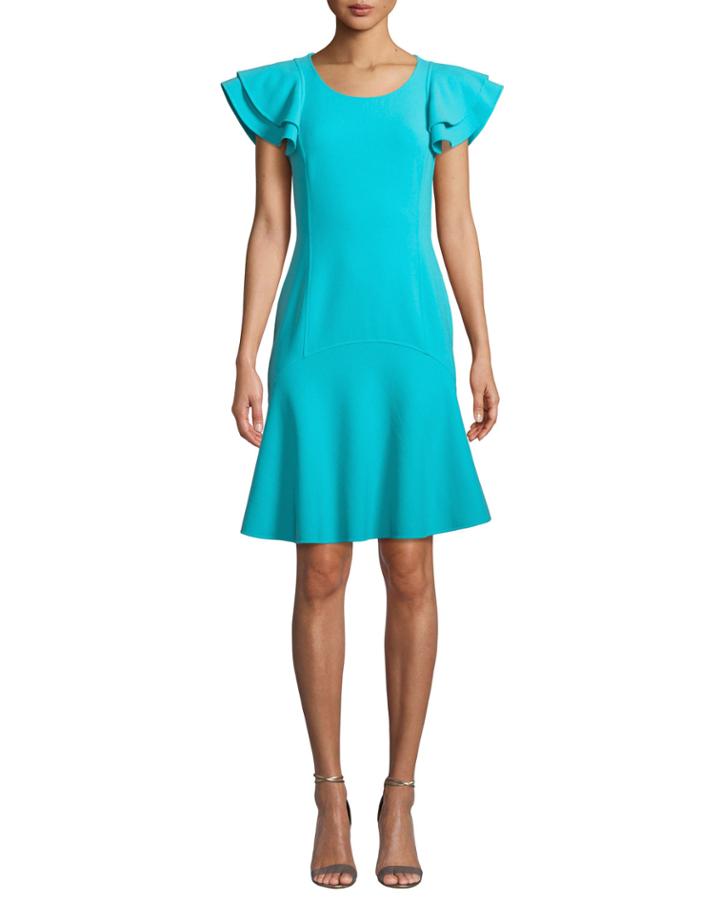 Flutter-sleeve Scoop-neck Stretch-wool Crepe Dress
