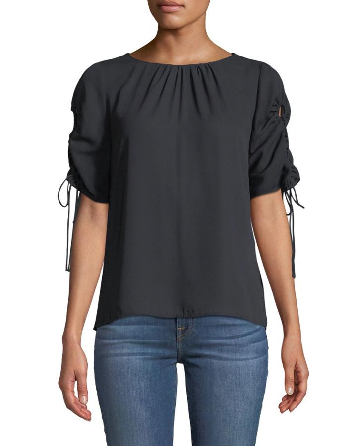 Thea Drawstring Short-sleeve Blouse, Black