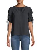 Thea Drawstring Short-sleeve Blouse, Black