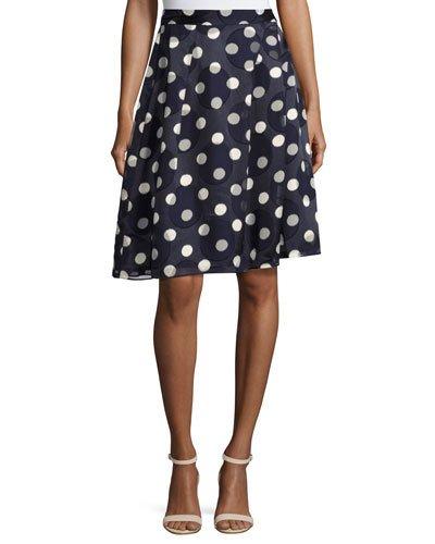 Pleated-chiffon Polka Dot Skirt, Blue/white