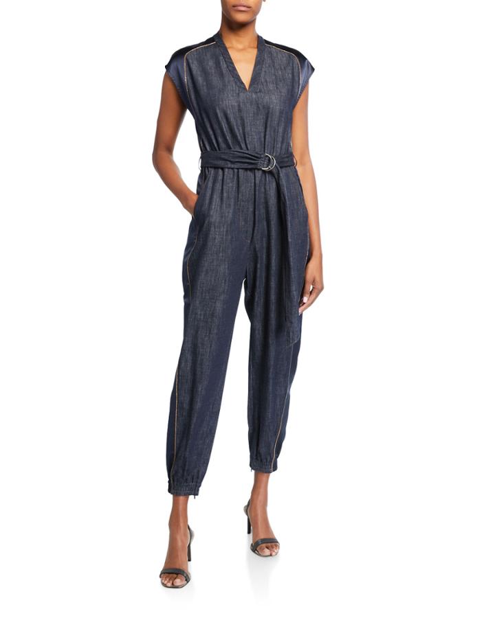 Denim Monili Silk-blend Belted Jumpsuit