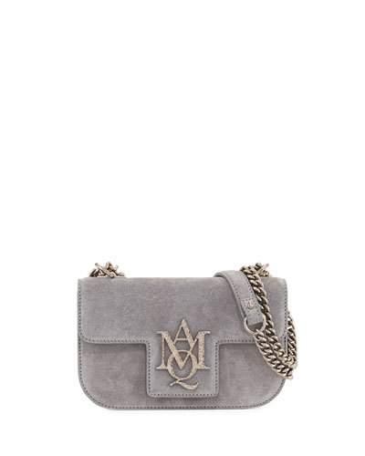 Suede Chain Flap Satchel Bag, Gray