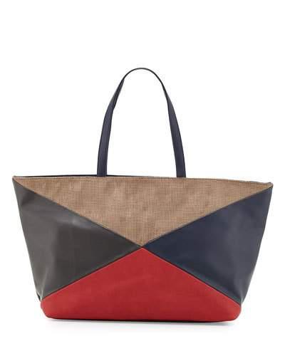 Colorblock Perforated Leather Tote Bag, Navy/red