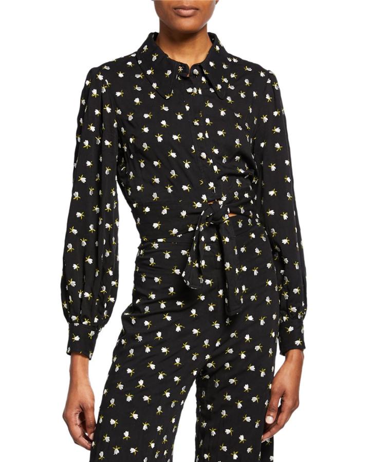 Floral Button-front Long-sleeve Tie-hem Crop Top