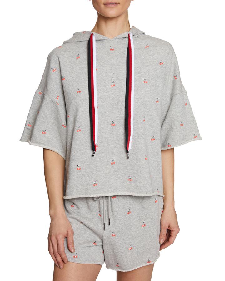 Cherry-print Raw-edge Hooded Crop
