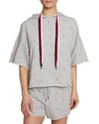 Cherry-print Raw-edge Hooded Crop