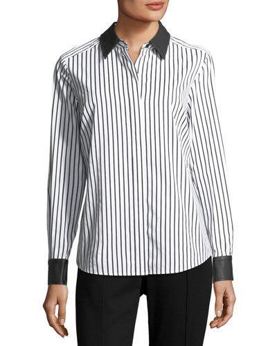 Leather-trim Striped Poplin