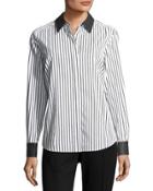 Leather-trim Striped Poplin