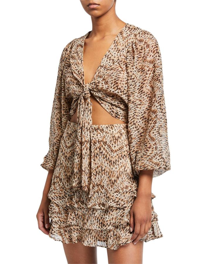 Snakeskin-print Tie-front Crop Top