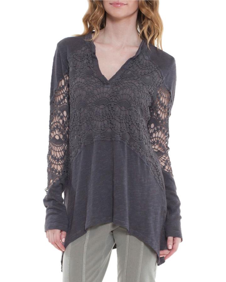 Xcvi Nia Crochet Long-sleeve Tee, Falcon, Women's, Size: Large, Falcon Grey