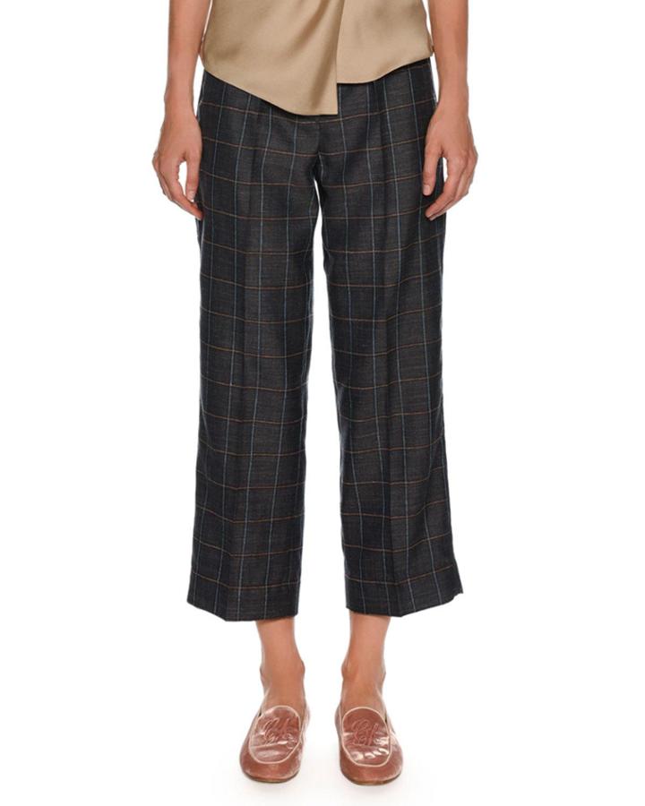Windowpane-check Wide-leg Belted Crop Pants