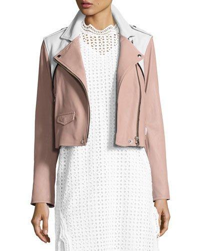 Annik Colorblock Leather Moto Jacket, Pink