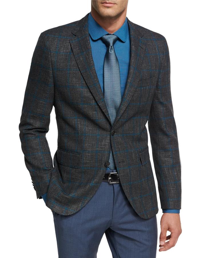 Windowpane Jersey Wool Sport Coat, Charcoal/teal