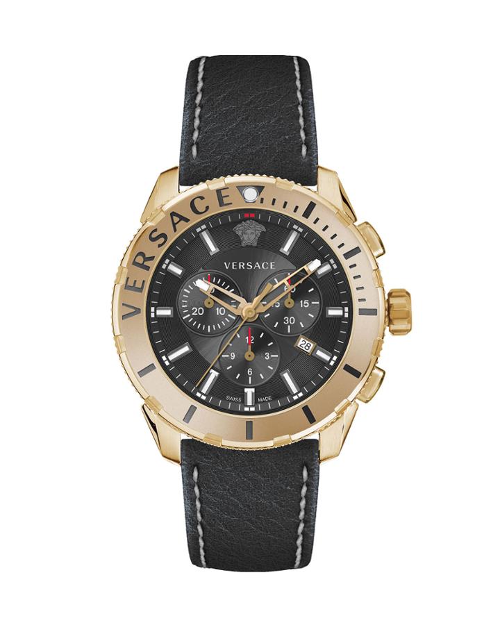 Men's 48mm Casual Chronograph Watch W/ Leather Strap, Black/brown