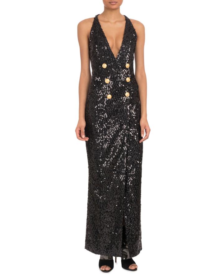 Sleeveless Deep-v Six-button Paillettes Sequin Evening Gown