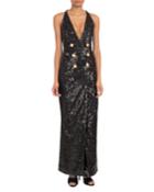 Sleeveless Deep-v Six-button Paillettes Sequin Evening Gown