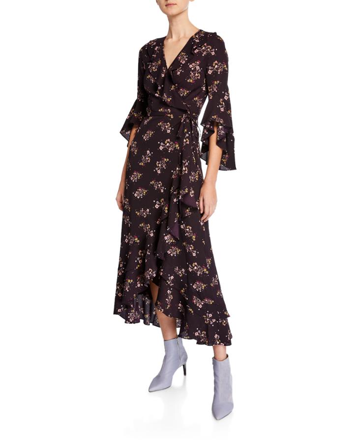 Floral Print Ruffle-trim Wrap Dress