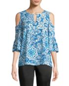 Cold-shoulder Printed Bell-sleeve Blouse