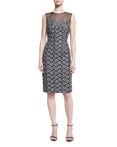 Floral-embroidered Lace Cocktail Dress, Black/silver