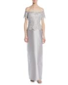 Gazar & Metallic Lace Off-the-shoulder Column Gown