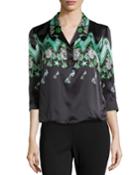 Versace Zigzag Half-button Blouse, Grass Green, Women's, Size: 38, Grass Green Pr