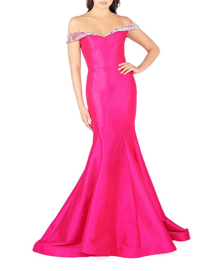 Off-the-shoulder Embellished Sleeve Taffeta