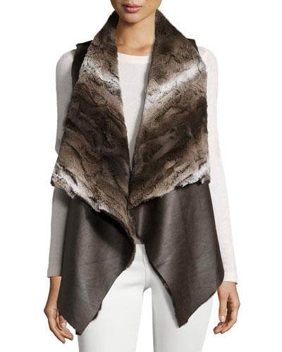 Faux Chinchilla Fur-trimmed Vegan Leather Vest, Brown