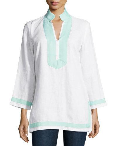 Classic Linen Long-sleeve Tunic, White/cabbage