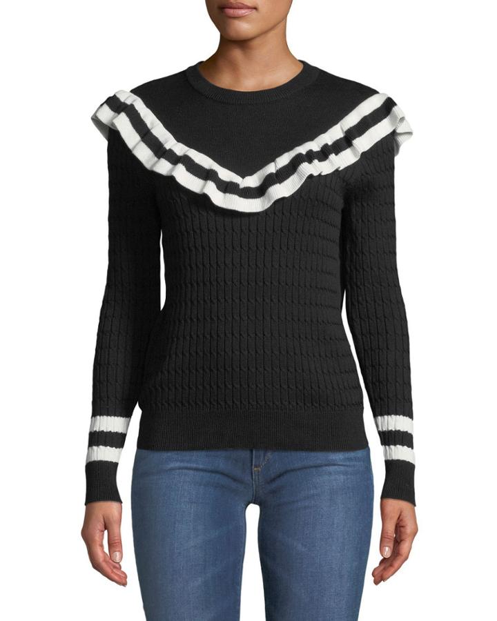 Monochrome Stripe-trim Ruffled Pullover