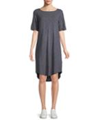 Striped Half-sleeve Hemp-blend Shift Dress,