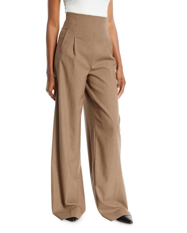 High-waist Pleat-front Wide-leg Houndstooth Trousers