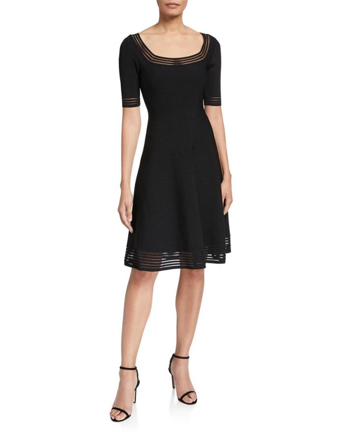 Transparent Stripe Elbow-sleeve Fit-&-flow Dress