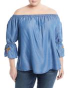 Off-the-shoulder Embroidered-cuff Chambray Blouse,