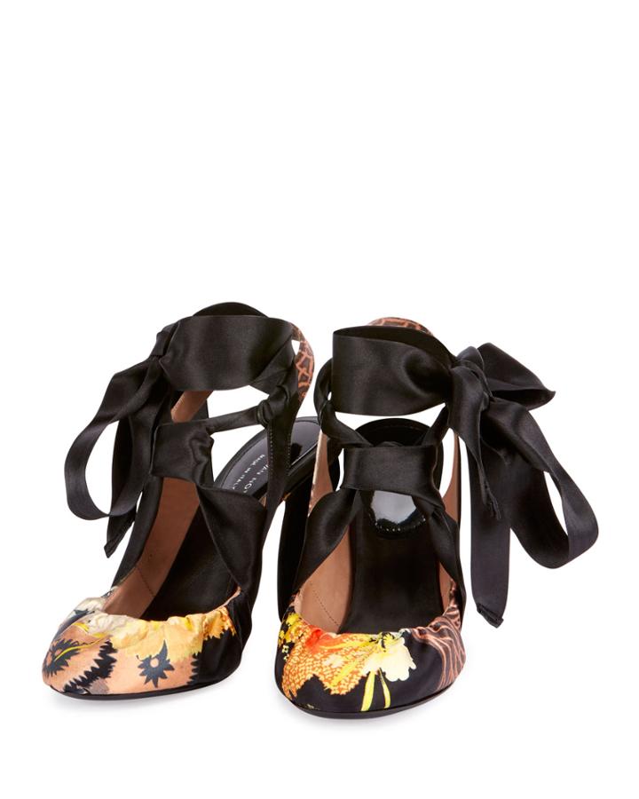 Printed Fabric Ribbon-tie Pump, Black