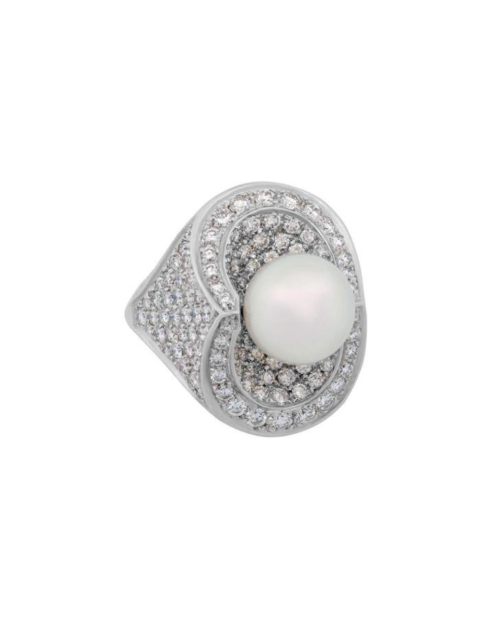 18k White Gold Diamond Pave & Pearl Ring,