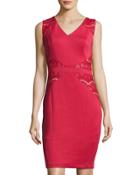 Lace-inset Sleeveless Sheath Dress, Red