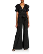 Flared Jacquard Ruffle Jumpsuit