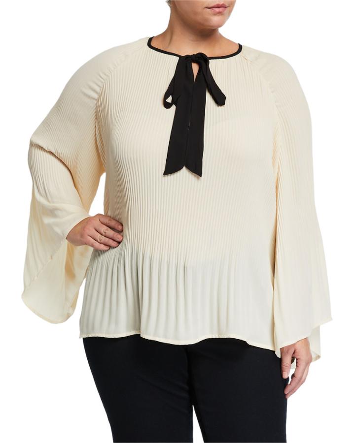 Plus Size Pleated Tie-neck Top