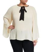 Plus Size Pleated Tie-neck Top