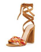Woven Suede Ankle-wrap Sandal, Almond