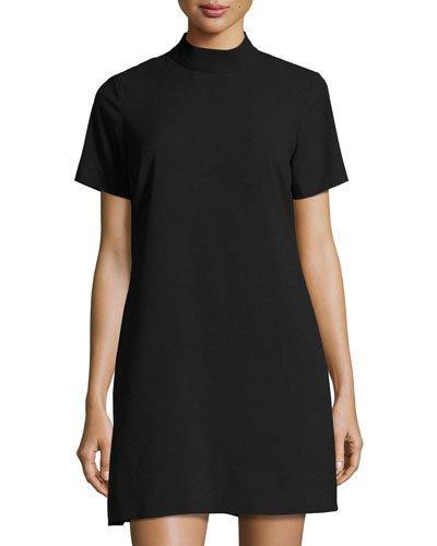 Short-sleeve Mock-neck Shift Dress, Black