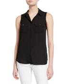Sleeveless Button-front Chest Pocket Blouse