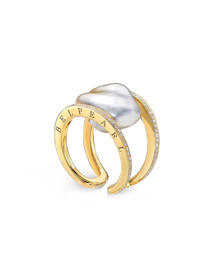18k Yellow Gold Diamond And South Sea Pearl Open Ring, White